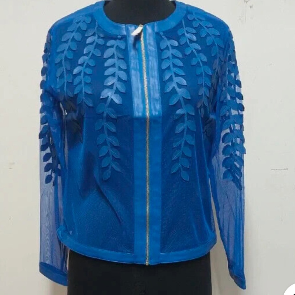 NEW! Colleen Lopez Mesh Leaf/Floral Faux Leather Jacket, Rich Blue, Size XS